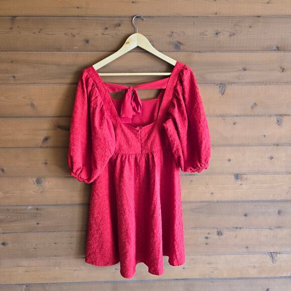 On You Red Puff Sleeve Mini Dress Square Neck Bow Back Medium Retro Pinup Cherry - Picture 2 of 5